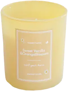 Lasikynttilä 7,5x8 cm paketissa keltainen, tuoksu Sweet Vanilla/Orange Blossom - 2