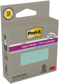 Post-it® Super Sticky 100% Recycled -viestilaput 654-RSS2-PSGP, mintunvihreä ja sininen, 76 mm x 76 mm, 70 viestilappua/lehtiö, 2 lehtiötä/pakkaus - 3