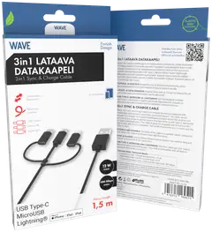 Wave 3-in-1 Latauskaapeli, USB Type-C / MicroUSB / Apple Lightning® (MFI), 1,5m, Musta - 1