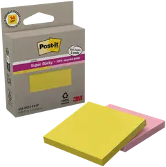 Post-it® Super Sticky 100% Recycled -viestilaput, 654-RSS2-PSYP, keltainen ja vaaleanpunainen, 76 mm x 76 mm, 70 viestilappua/lehtiö, 2 lehtiötä/pakkaus - 1