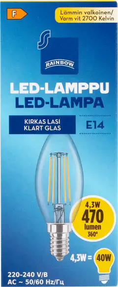 Rainbow LED-kynttilälamppu 4,3W E14 2700K 470lm kirkas lasi - 1