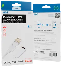 Wave Adapterikaapeli, DisplayPort uros - HDMI naaras, 25cm, Valkoinen - 2
