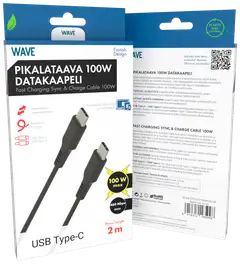 Wave 100W Datakaapeli, USB Type-C -> USB Type-C (480 Mbps), 2m, Musta - 1