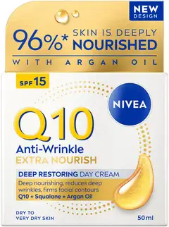 NIVEA 50ml Q10 Anti-Wrinkle Extra Nourish Deep Restoring Day Cream SK 15 -päivävoide - 1
