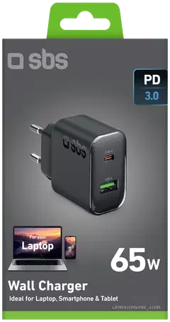 SBS Seinälaturi USB‑C PD65W + USB‑A, musta - 2
