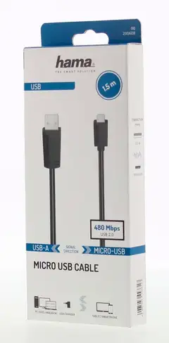 Hama USB-kaapeli, USB-A uros - Micro-USB uros, USB 2.0, 480 Mbit/s, 1,5 m - 2