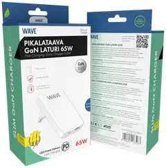 Wave 65W Pikalataava Slim GaN -verkkolaturi, 1 x USB Type-C + 1 x USB-A, Valkoinen - 2