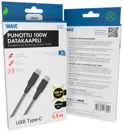 Wave Punottu 100W datakaapeli, USB Type-C -> USB Type-C (480 Mbps), 1,5m, Mustavalkoinen - 2