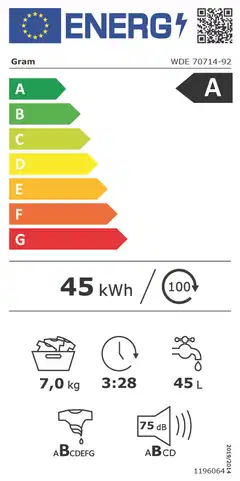 Gram edestä täytettävä pyykinpesukone WDE 70714-92 7 kg valkoinen - 2