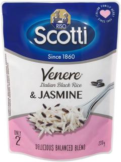 Riso Scotti esikeitetty jasmiiniriisi ja esikeitetty musta venere-kokojyväriisi 230 g