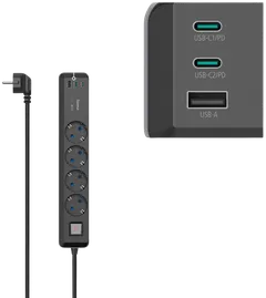 Hama Jatkojohto, 4-paikkainen, PowerDelivery, USB-C/-A 65 W, kytkimellä, 1,4 m - 3