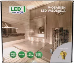 9-osainen LED-valosarja sauna- ja pesutiloihin, terassille ja muihin kodin tiloihin. 230V/50Hz, n. 3W, n. 58lm, 3500K, IP20/IP54. Kehyksen väri messinki. - 2
