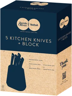Tefal Jamie Oliver veitsisetti 5 osaa (kokkiveitsi 20 cm, Santoku-veitsi 16,5 cm, leipäveitsi 20 cm, yleisveitsi 12 cm, juures-/vihannesveitsi 9 cm ja veitsitukki) - 5