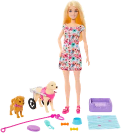 Barbie Walk and Wheel - nukke ja lemmikkikoirat leikkisetti - 1