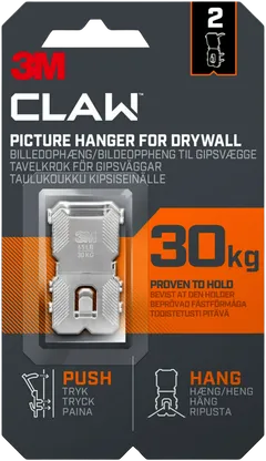 3M CLAW™-taulukoukku kipsilevylle, 30 kg 3PH30-2UKN, 2 ripustuskoukkua - 1