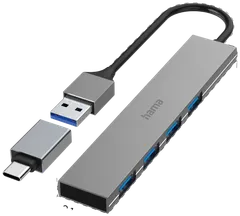 Hama USB-hubi, 4-porttinen, USB-A uros, USB-C adapteri, 4 x USB-A, USB 3.2 Gen 1, 5 Gbit/s, Ultra-slim, 0,15 m - 3