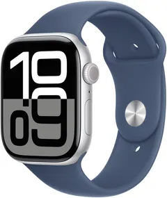 Apple Watch Series 10 GPS + Cellular 46mm hopeinen alumiinikotelo, Denim Sport ranneke - M/L - MWY13QN/A - 2