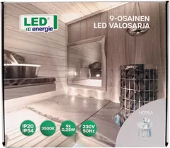 9-osainen LED-valosarja sauna- ja pesutiloihin, terassille ja muihin kodin tiloihin. 230V/50Hz, n. 3W, n. 58lm, 3500K, IP20/IP54. Kehyksen väri hopea. - 2