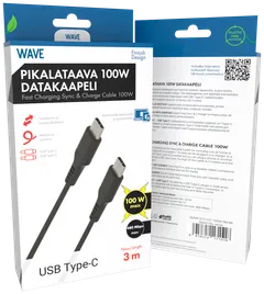 Wave 100W Datakaapeli, USB Type-C -> USB Type-C (480 Mbps), 3m, Musta - 1