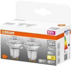 Osram LED STAR PAR16 4,3W/2700K GU10 ei-himmennettävä LED-kohdelamppu. Valovirta 350 lm (vastaa 50 W:n halogeenilamppua), avauskulma 36° ja värintoistoindeksi yli 80. Pakkaus sisältää kaksi lamppua. - 3