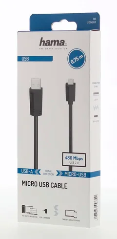 Hama USB-kaapeli, USB-A uros - Micro-USB uros, USB 2.0, 480 Mbit/s, 0,75 m - 2
