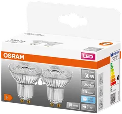 Osram LED STAR PAR16 4,3W/4000K GU10 ei-himmennettävä LED-kohdelamppu. Valovirta 350 lm (vastaa 50 W:n halogeenilamppua), avauskulma 36° ja värintoistoindeksi yli 80. Pakkaus sisältää kaksi lamppua. - 3