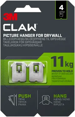 3M CLAW™-taulukoukku kipsilevylle, 11 kg 3PH11-4UKN, 4 ripustuskoukkua - 1