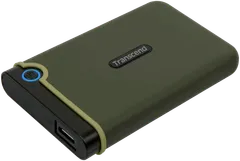 Transcend StoreJet 25M3 -sarjan kolhusuojattu ulkoinen HDD kiintolevy 2TB kapasiteetilla. USB 3.0  väylään. Väri oliivinvihreä - 1
