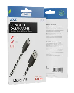 Wave Punottu datakaapeli, MicroUSB (480 Mbps), 1,5m, Mustavalkoinen - 1