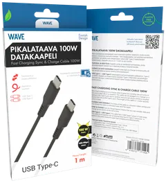 Wave 100W Datakaapeli, USB Type-C -> USB Type-C (480 Mbps), 1m, Musta - 1