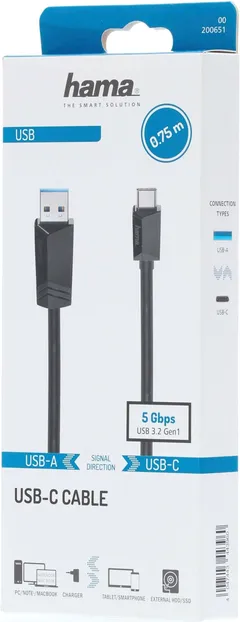 Hama USB-kaapeli, USB-A uros - USB-C uros, USB 3.2 Gen 1, 5 Gbit/s, 0,75 m - 2
