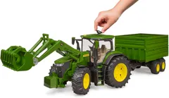 Bruder John Deere 7R 350 traktori etukuormaajalla ja perävaunulla - 5