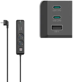 Hama Jatkojohto, 2-paikkainen, PowerDelivery, USB-C/-A 65 W, kytkimellä, 1,4 m - 3