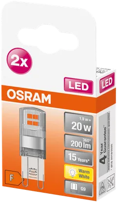 Osram LED PIN 1,9W/2700K G9 ei-himmennettävä kirkaskupuinen LED-pienoislamppu. Kupu muovia. Valovirta 200 lm (vastaa 20 W:n hehkulamppua). Pakkaus sisältää kaksi lamppua. - 3