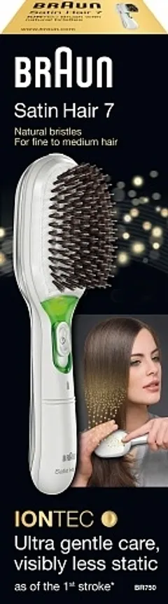 BRAUN HIUSHARJA - BR750 WHITE SATIN HAIR BRUSH SB 7 Satin Hair Brush IONTEC. Satin Brush -hiusharja, jonka IONTECH -järjestelmä vähentää staattisuutta ja kitkaa. Sisältää säilytyspussin. - 3