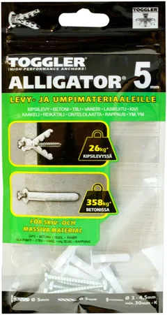Toggler Alligator AF5-5 kiinnike laipalla 5mm 5kpl + ruuvit - 1