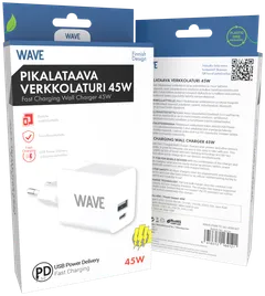 Wave 45W Pikalataava verkkolaturi, 1 x USB Type-C + 1 x USB-A (30W+12W), Valkoinen - 2