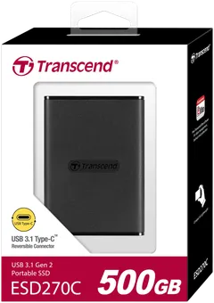 Transcend ESD270C -sarjan ulkoinen SSD kiintolevy. Kovalevyn kapasiteetti on 500GB ja se toimii USB Type-C (USB 3.1 Gen 2) liitännällä. Siirtonopeus jopa 520MB/s. - 2