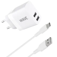 Wave verkkolaturi 2 x USB-A + USB type-C kaapeli (17W) valkoinen - 1
