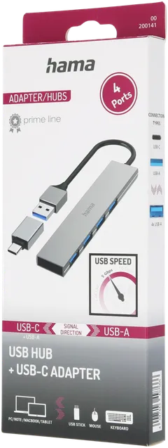 Hama USB-hubi, 4-porttinen, USB-A uros, USB-C adapteri, 4 x USB-A, USB 3.2 Gen 1, 5 Gbit/s, Ultra-slim, 0,15 m - 6