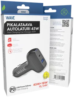 Wave 45W Pikalataava autolaturi, 1 x USB Type-C + 1 x USB-A (45W+18W), Musta - 3