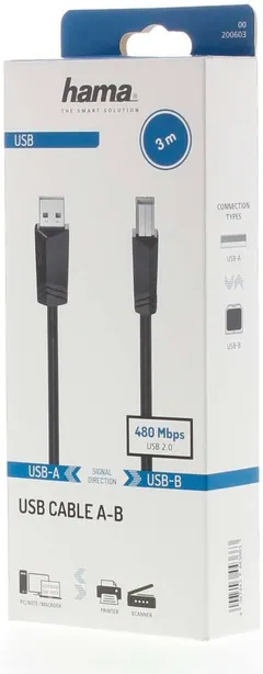 Hama USB-kaapeli, USB-A uros - USB-B uros, USB 2.0, 480 Mbit/s, 3,0 m - 2