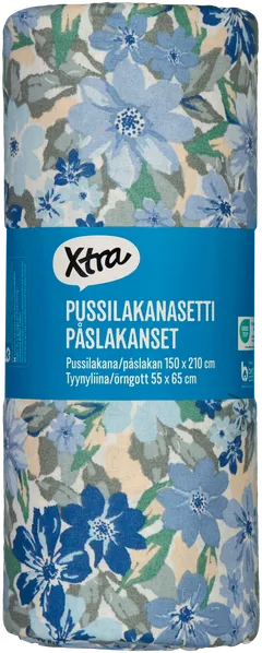 Xtra pussilakanasetti Flowers 150x210 cm, sininen/vihreä - 2