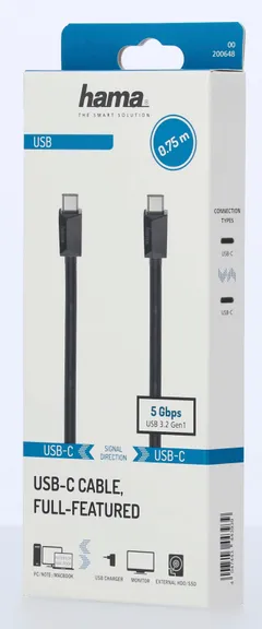 Hama USB-kaapeli, USB-C uros - USB-C uros, E-Marker, USB 3.2 Gen 1, 5 Gbit/s, 0,75 m - 2