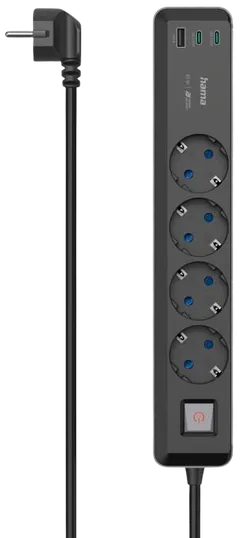 Hama Jatkojohto, 4-paikkainen, PowerDelivery, USB-C/-A 65 W, kytkimellä, 1,4 m - 2