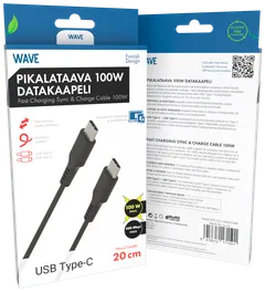 Wave 100W Datakaapeli, USB Type-C -> USB Type-C (480 Mbps), 20cm, Musta - 1