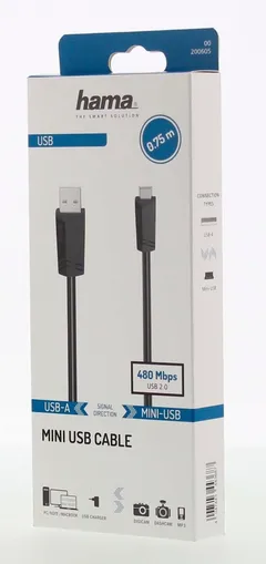 Hama USB-kaapeli, USB-A uros - Mini-USB uros, USB 2.0, 480 Mbit/s, 0,75 m - 2