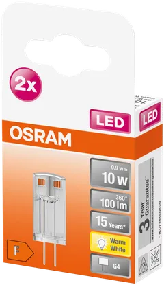 Osram LED PIN 0,9W/2700K 12V G4 ei-himmennettävä kirkaskupuinen LED-pienoislamppu. Kupu muovia. Valovirta 100 lm (vastaa 10 W:n hehkulamppua). Pakkaus sisältää kaksi lamppua. - 3