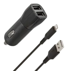 Wave Autolaturi, 2 x USB + Lightning (MFI) kaapeli (15,5W), Musta - 1