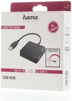 Hama USB-hubi, 4-porttinen, USB-A uros, 4 x USB-A, USB 2.0, 480 Mbit/s, 0,15 m - 3